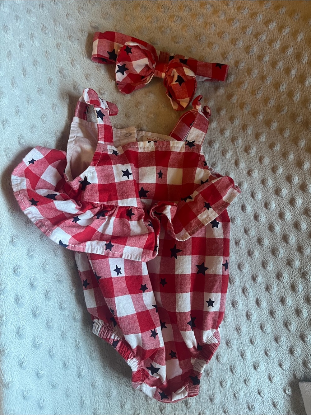 Red & White Gingham Star Baby Romper with Headband